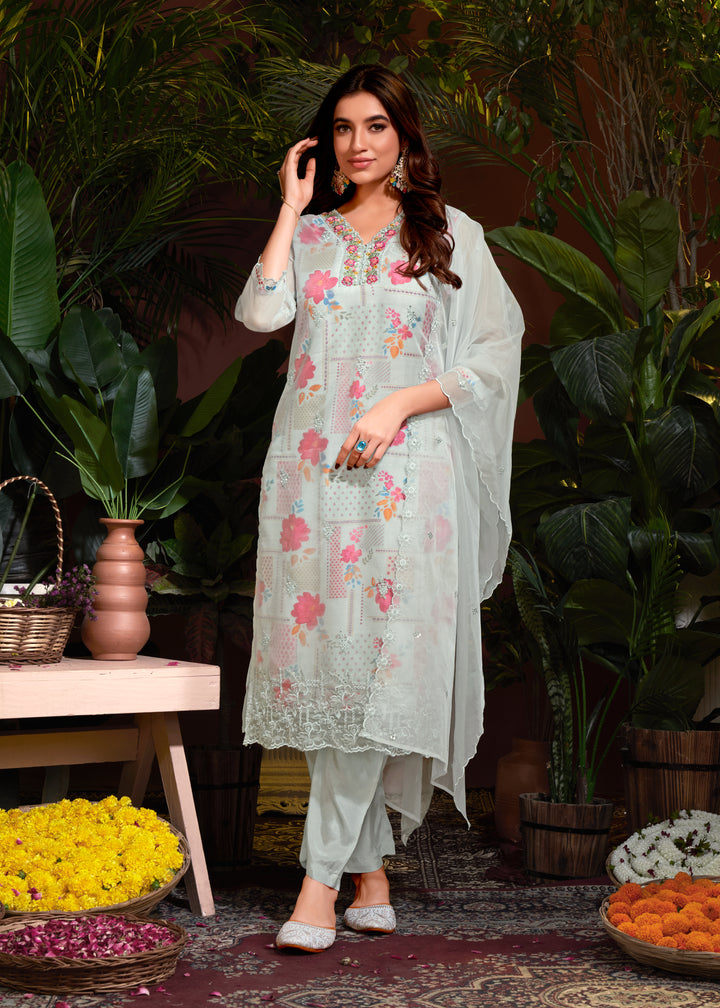 Stunning Organza Salwar Kameez with Floral Print and Embroidered Neckline | Perfect Festive Wear