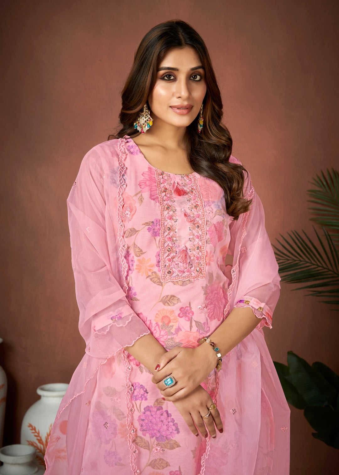 Stunning Organza Salwar Kameez with Floral Print and Embroidered Neckline | Perfect Festive Wear