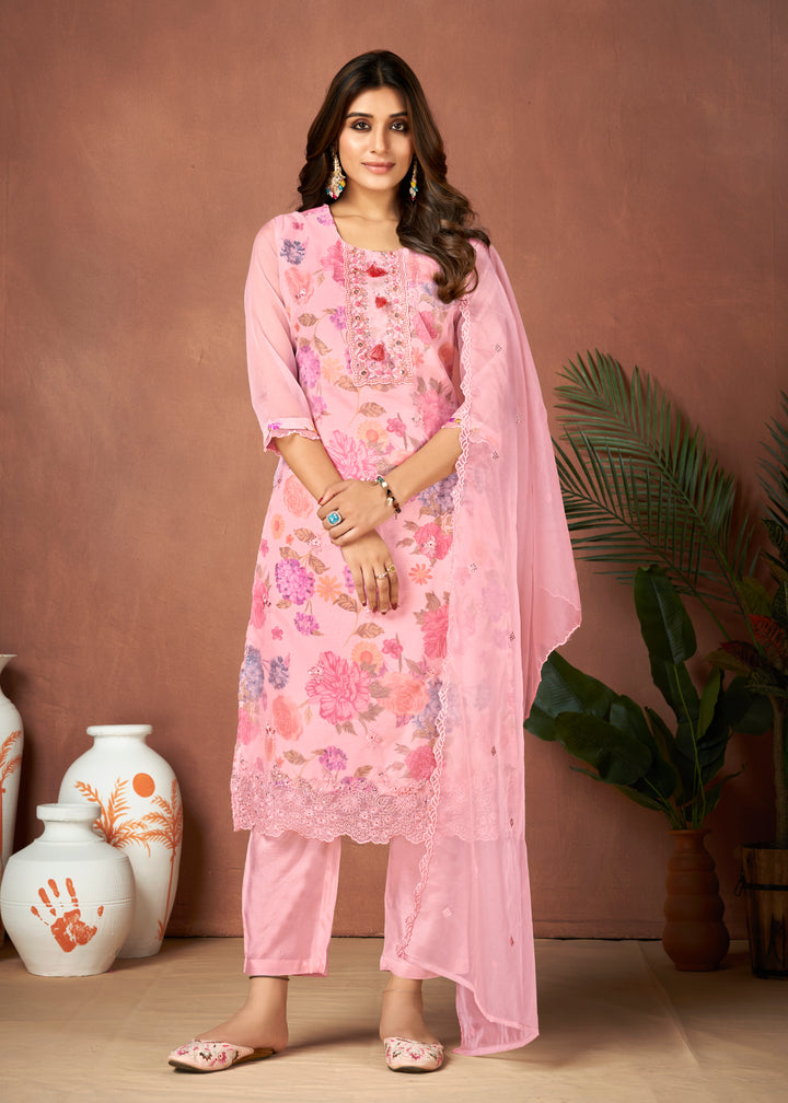 Stunning Organza Salwar Kameez with Floral Print and Embroidered Neckline | Perfect Festive Wear