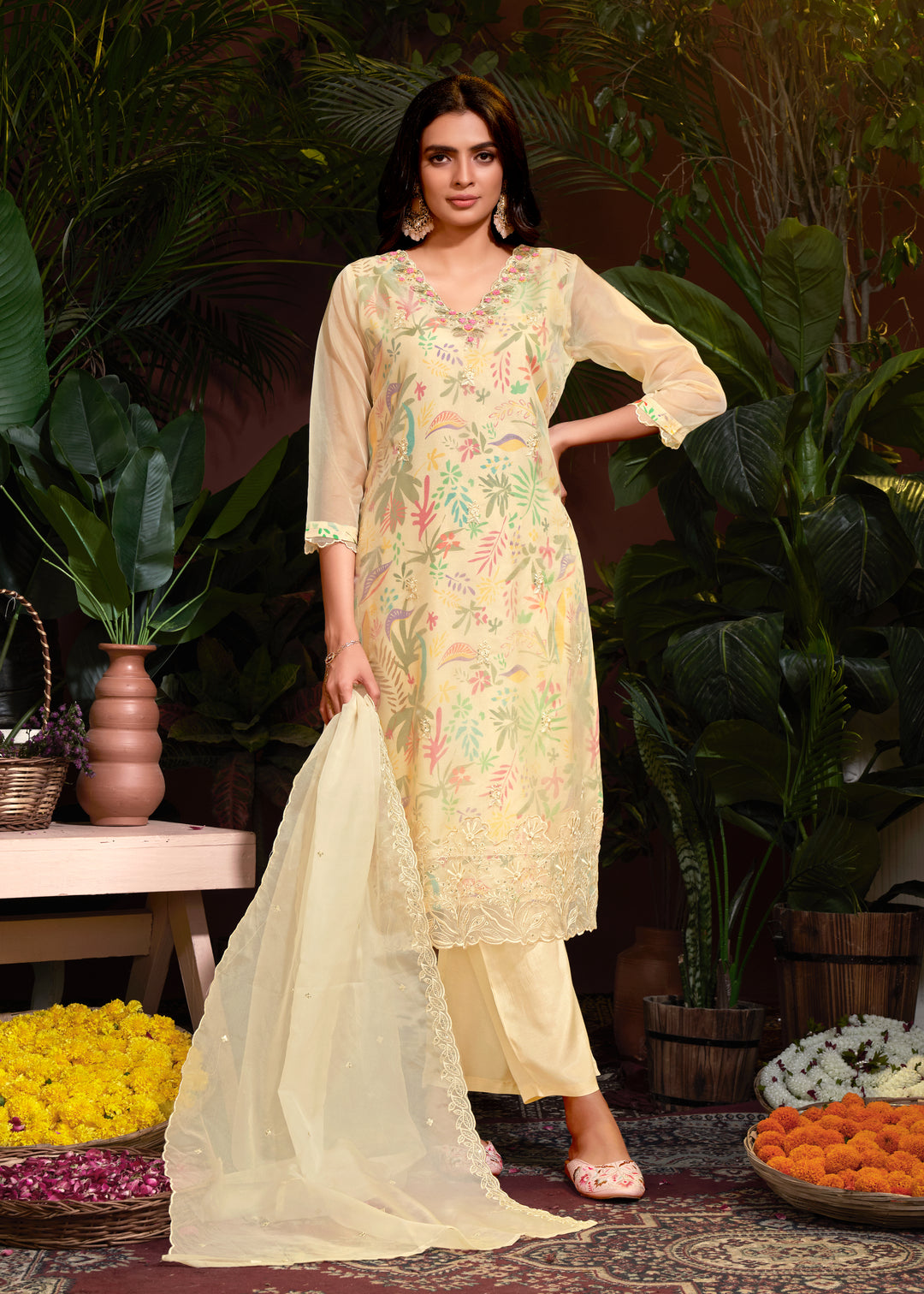 Stunning Organza Salwar Kameez with Floral Print and Embroidered Neckline | Perfect Festive Wear