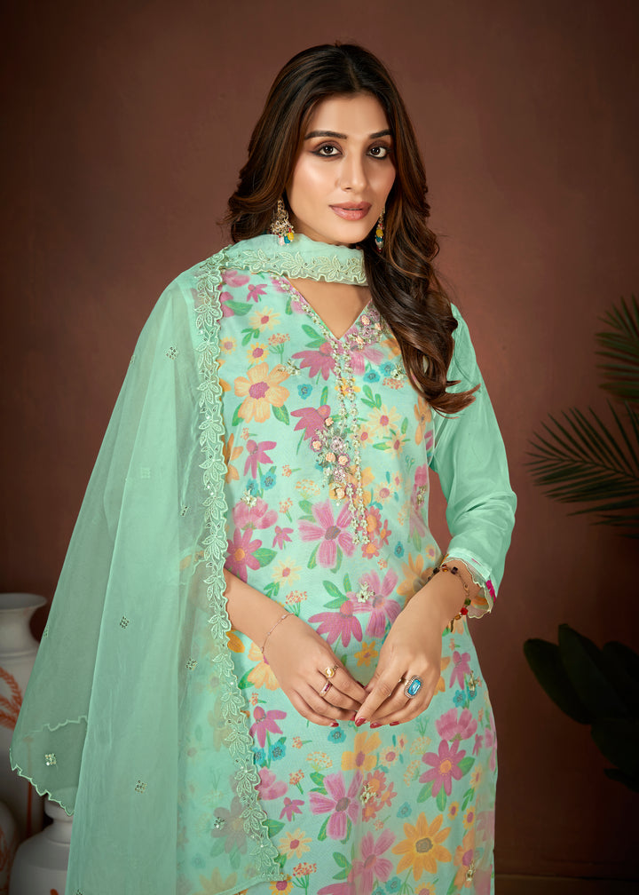 Stunning Organza Salwar Kameez with Floral Print and Embroidered Neckline | Perfect Festive Wear