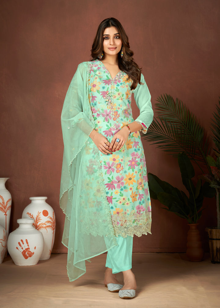 Stunning Organza Salwar Kameez with Floral Print and Embroidered Neckline | Perfect Festive Wear