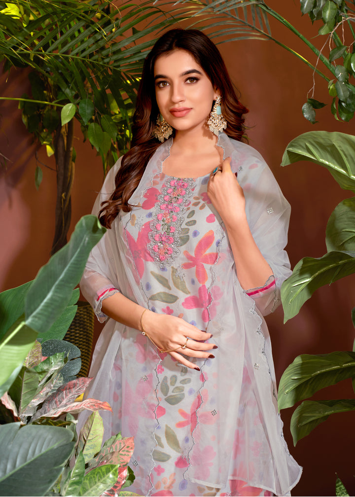 Stunning Organza Salwar Kameez with Floral Print and Embroidered Neckline | Perfect Festive Wear