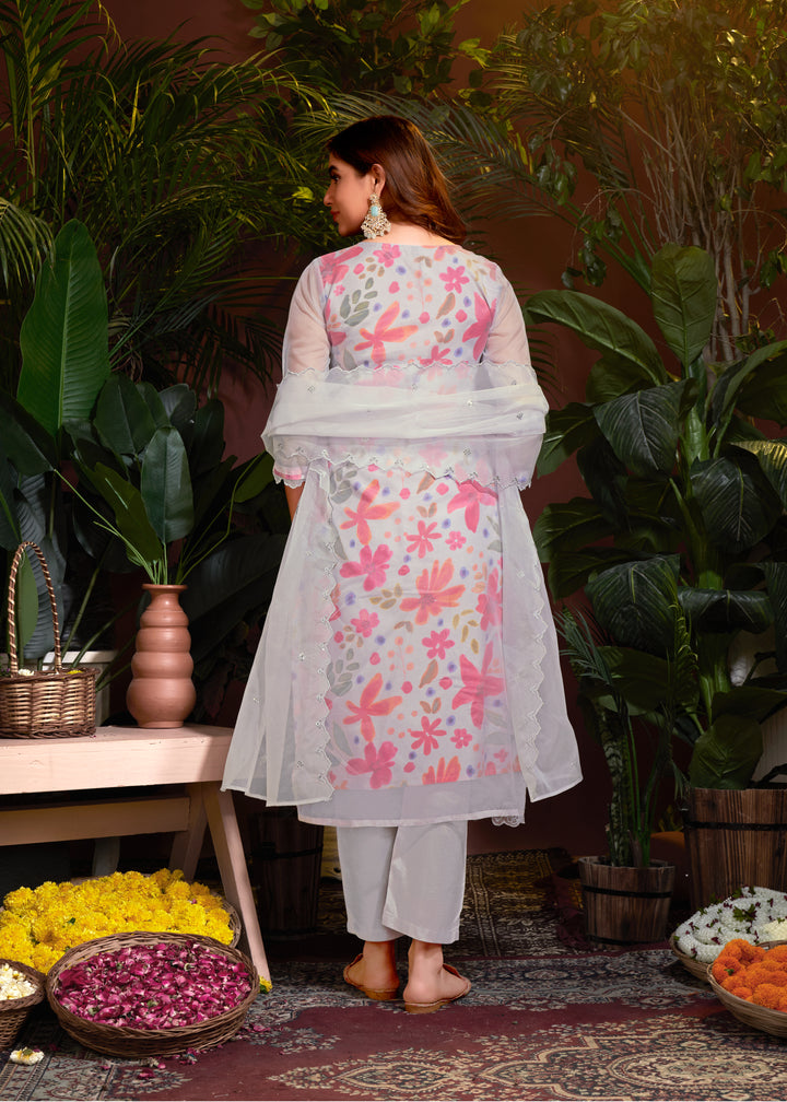 Stunning Organza Salwar Kameez with Floral Print and Embroidered Neckline | Perfect Festive Wear