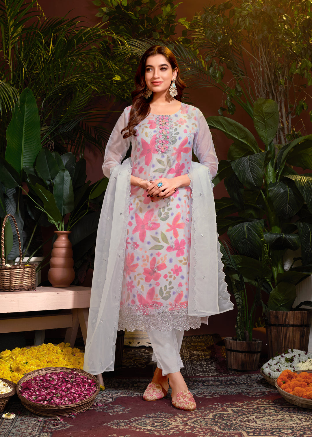 Stunning Organza Salwar Kameez with Floral Print and Embroidered Neckline | Perfect Festive Wear