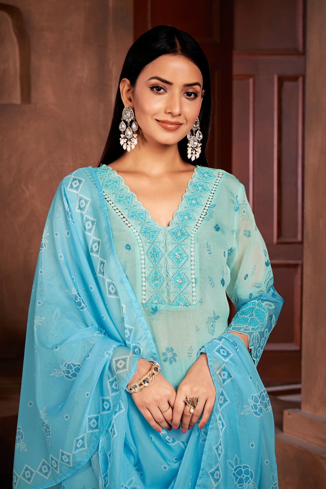 Stunning Organza Salwar Kameez with Floral Print and Embroidered Neckline | Perfect Festive Wear