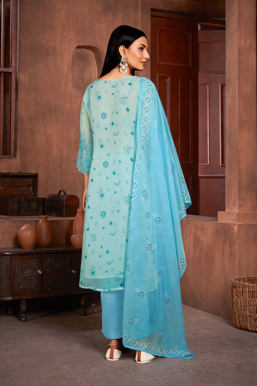 Stunning Organza Salwar Kameez with Floral Print and Embroidered Neckline | Perfect Festive Wear