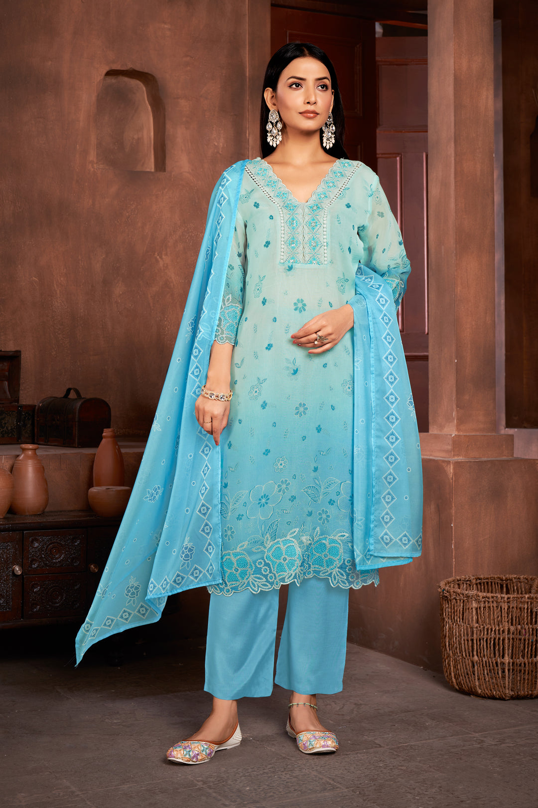 Stunning Organza Salwar Kameez with Floral Print and Embroidered Neckline | Perfect Festive Wear