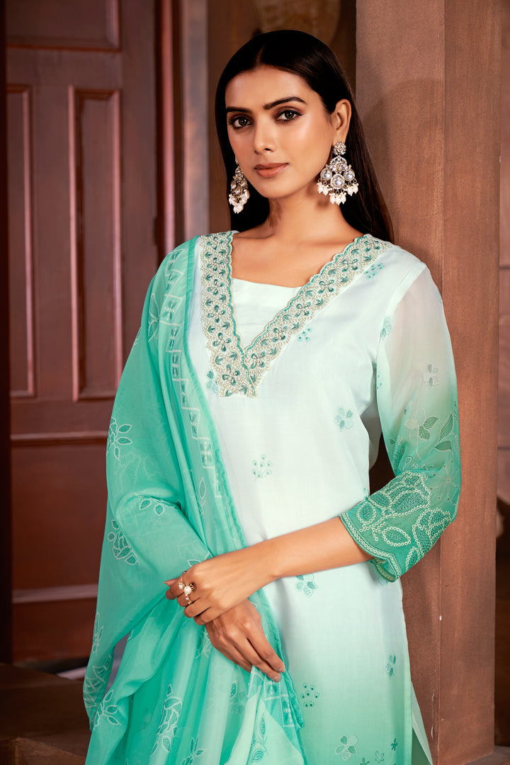 Stunning Organza Salwar Kameez with Floral Print and Embroidered Neckline | Perfect Festive Wear