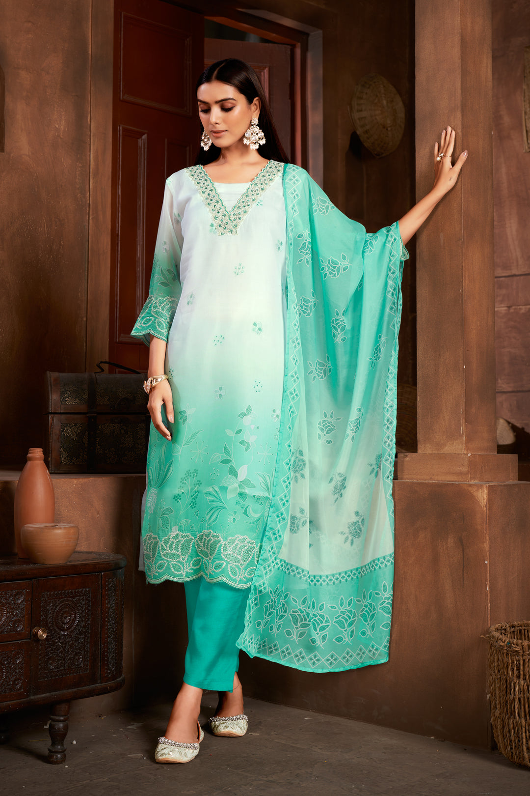 Stunning Organza Salwar Kameez with Floral Print and Embroidered Neckline | Perfect Festive Wear