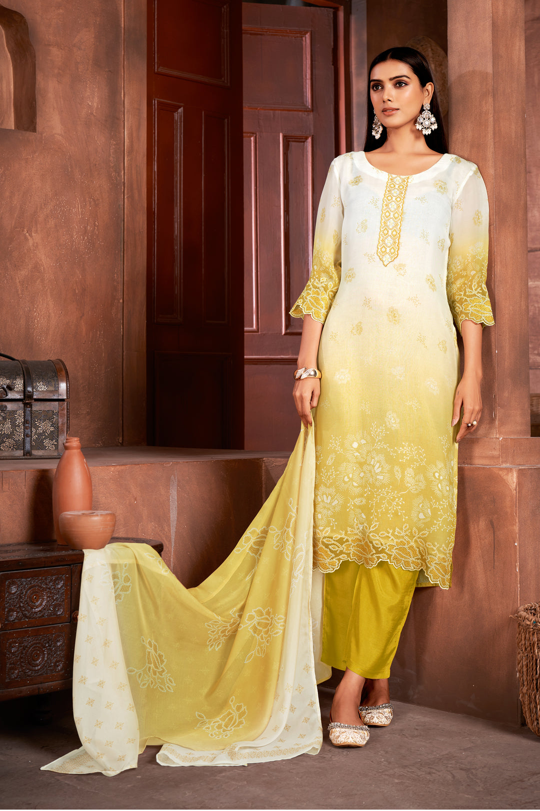 Stunning Organza Salwar Kameez with Floral Print and Embroidered Neckline | Perfect Festive Wear