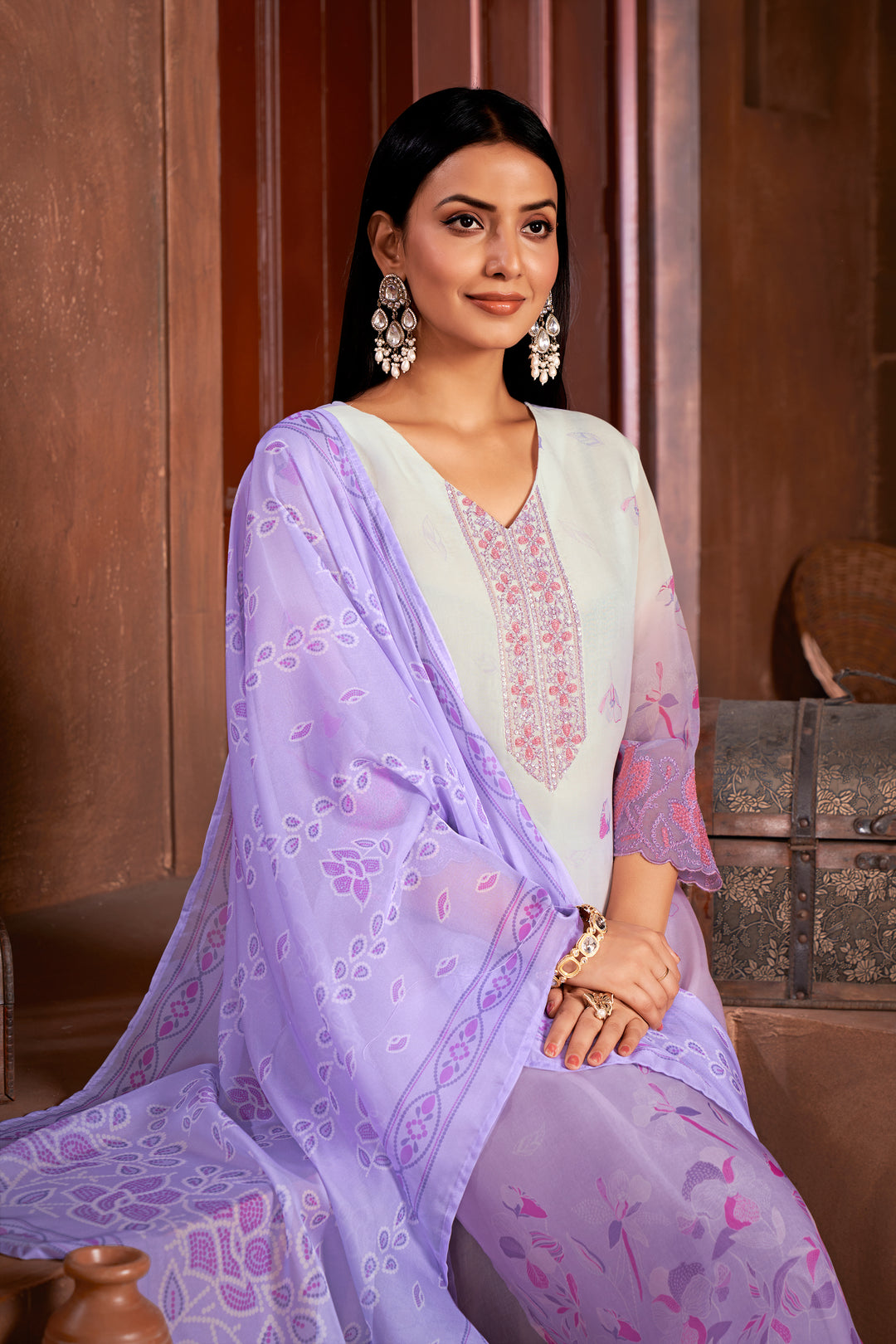 Stunning Organza Salwar Kameez with Floral Print and Embroidered Neckline | Perfect Festive Wear