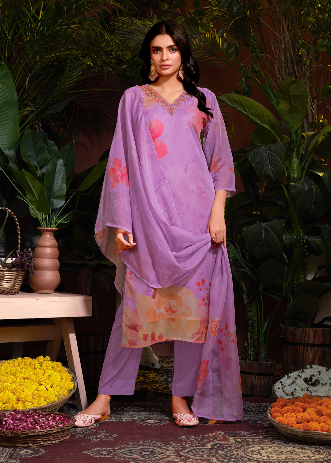 Stunning Organza Salwar Kameez with Floral Print and Embroidered Neckline | Perfect Festive Wear