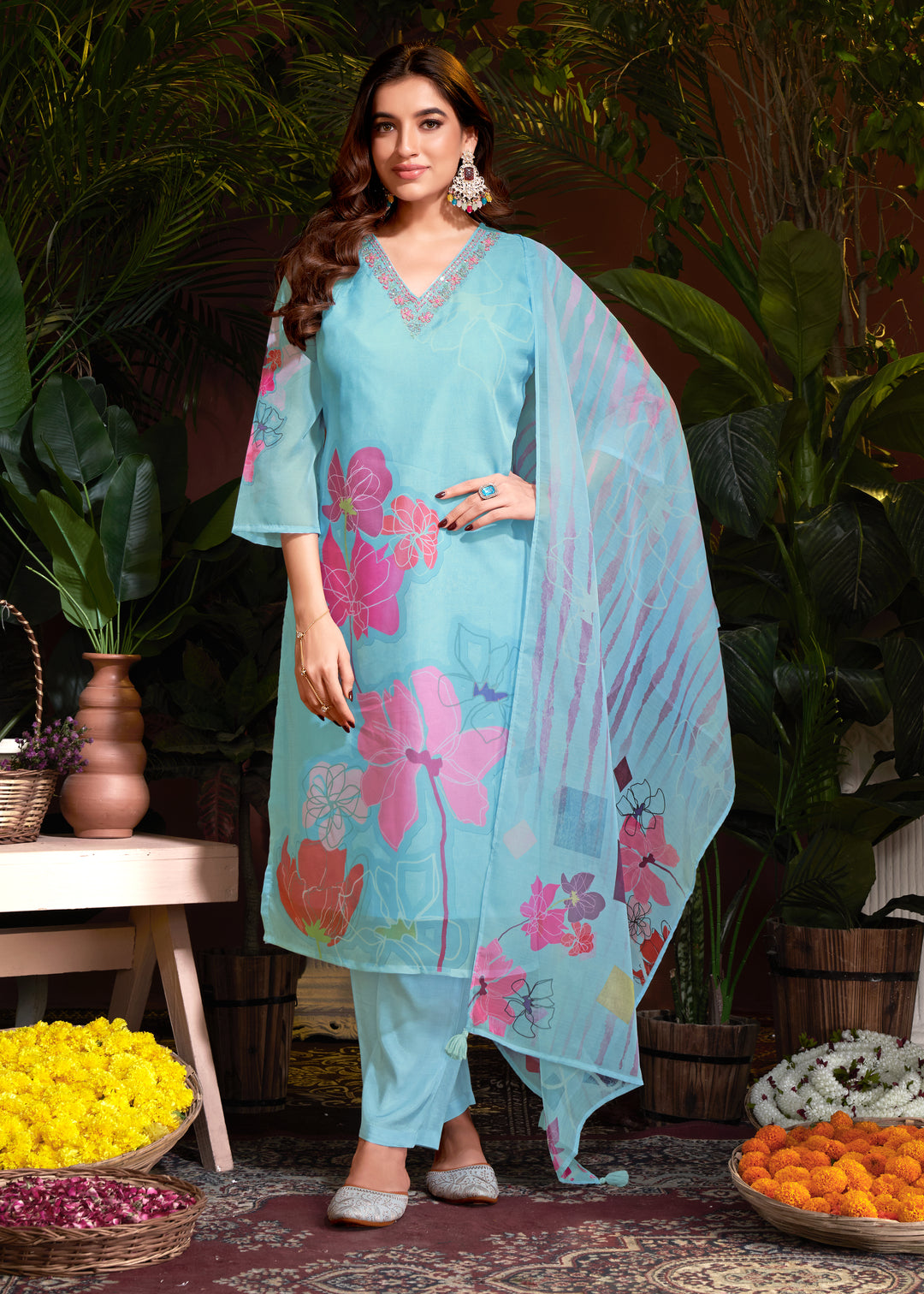 Stunning Organza Salwar Kameez with Floral Print and Embroidered Neckline | Perfect Festive Wear