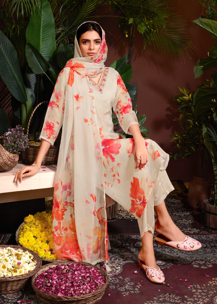 Stunning Organza Salwar Kameez with Floral Print and Embroidered Neckline | Perfect Festive Wear