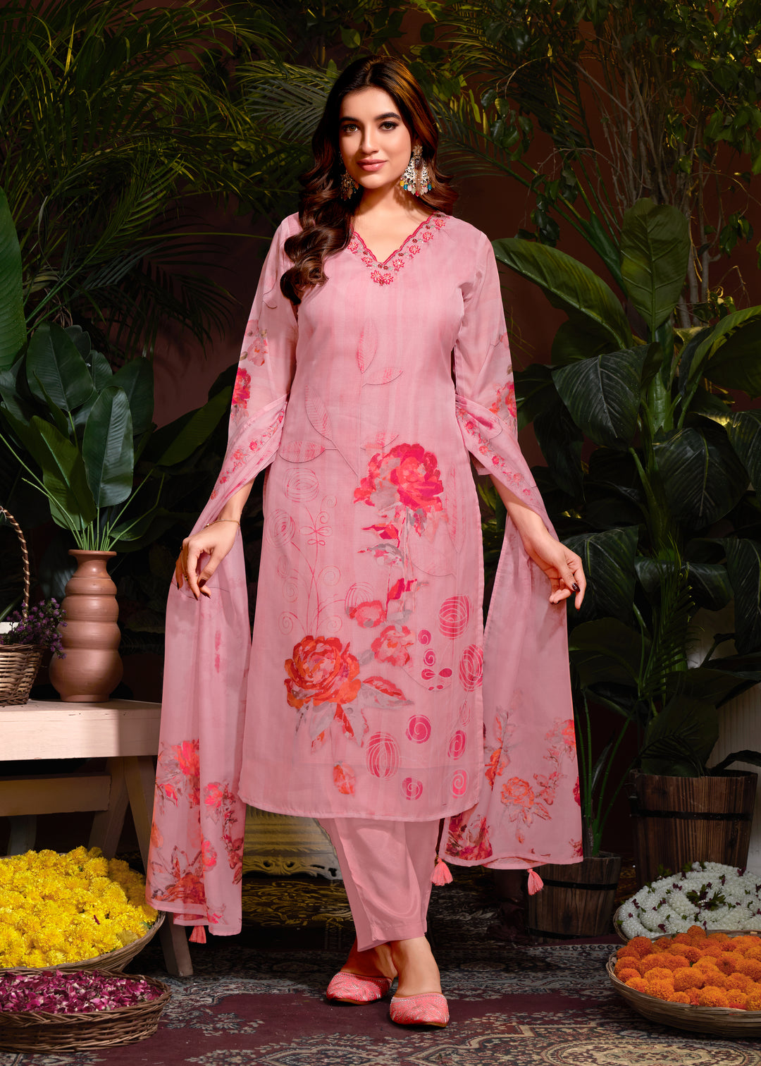 Stunning Organza Salwar Kameez with Floral Print and Embroidered Neckline | Perfect Festive Wear