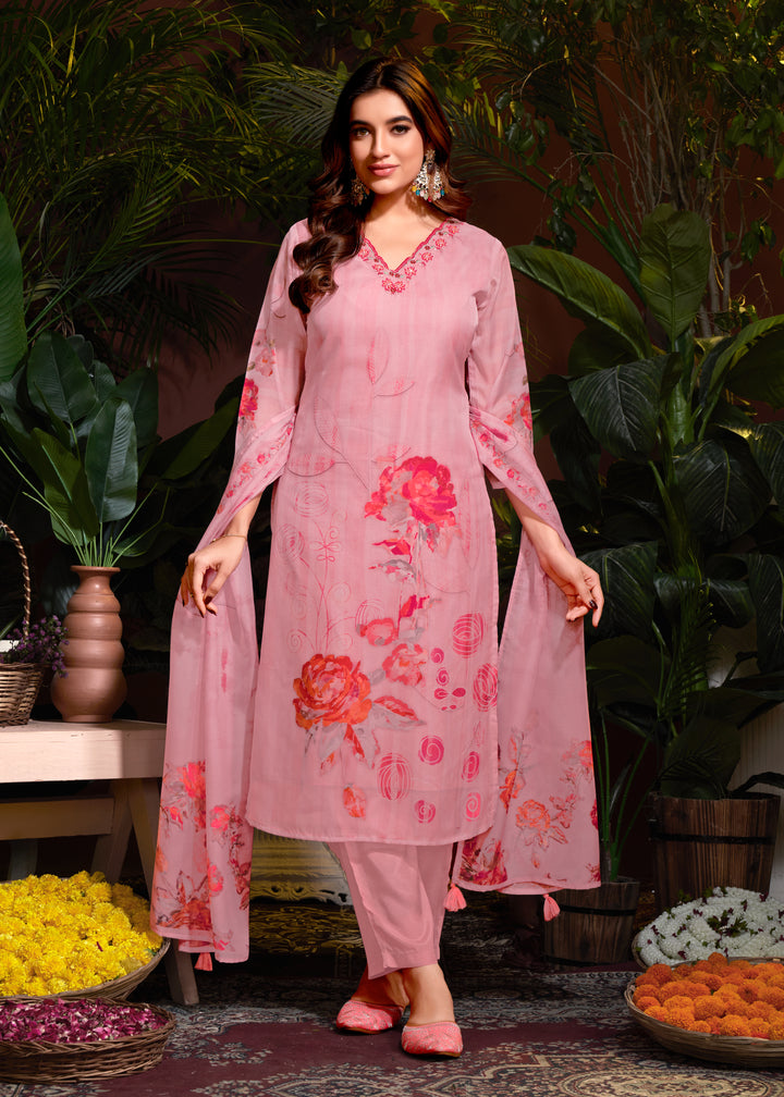 Stunning Organza Salwar Kameez with Floral Print and Embroidered Neckline | Perfect Festive Wear