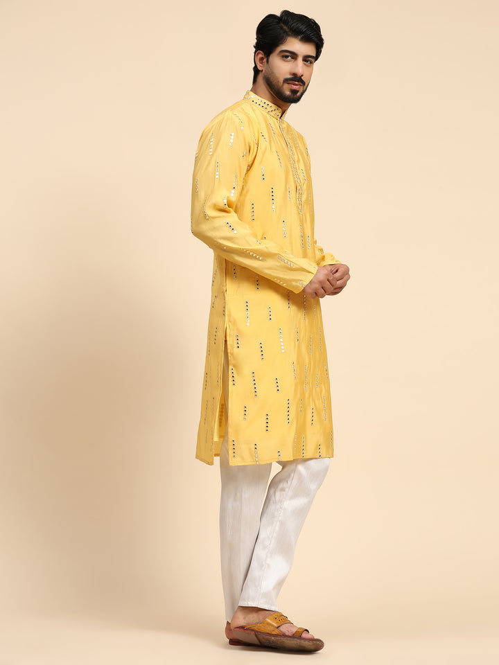 Traditional Silk Kurta for Men | Designer Mirror Embroidery