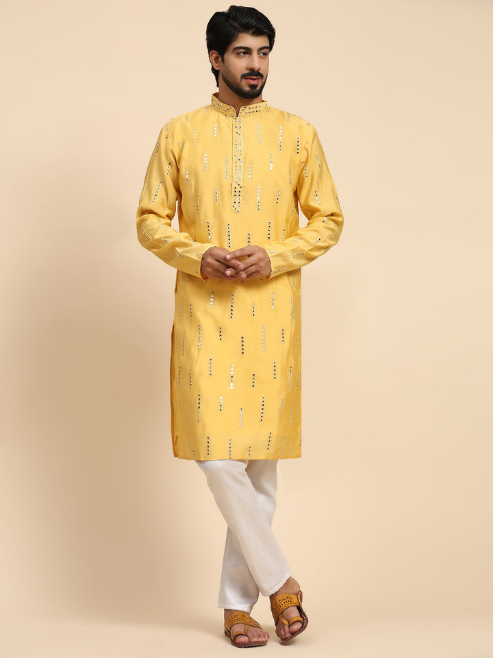 Traditional Silk Kurta for Men | Designer Mirror Embroidery