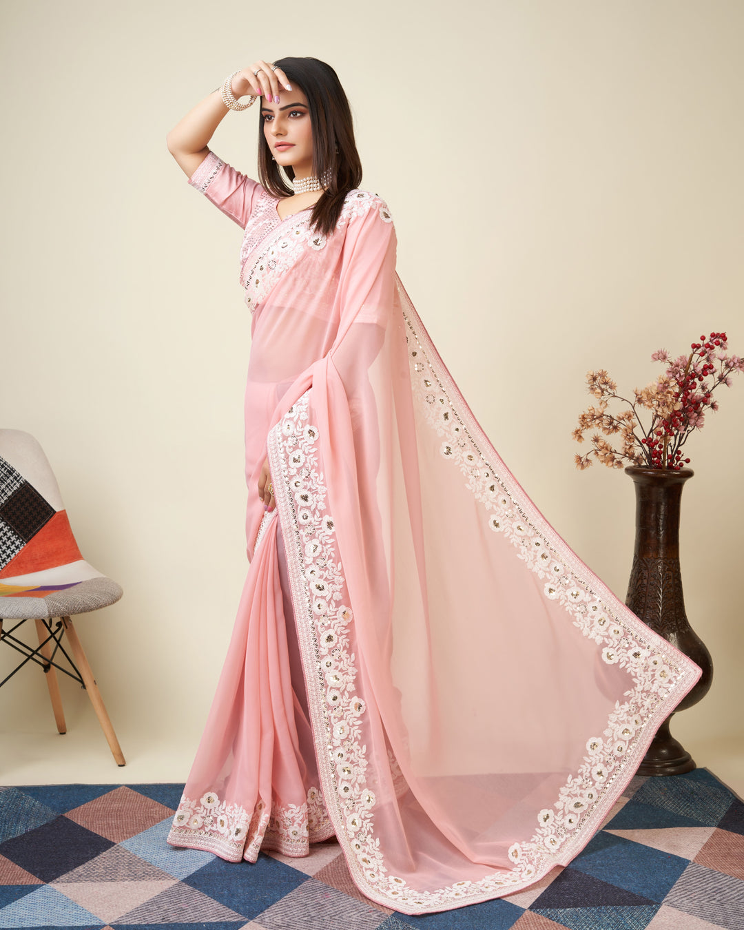 Designer Georgette Saree with Art-Silk Blouse | Embroidered for Events