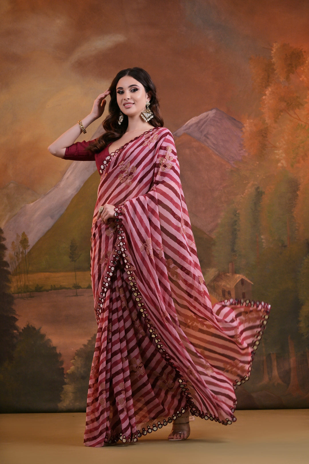 Georgette Laheriya Printed Saree with Mirror & Foil Work | Special Event Use