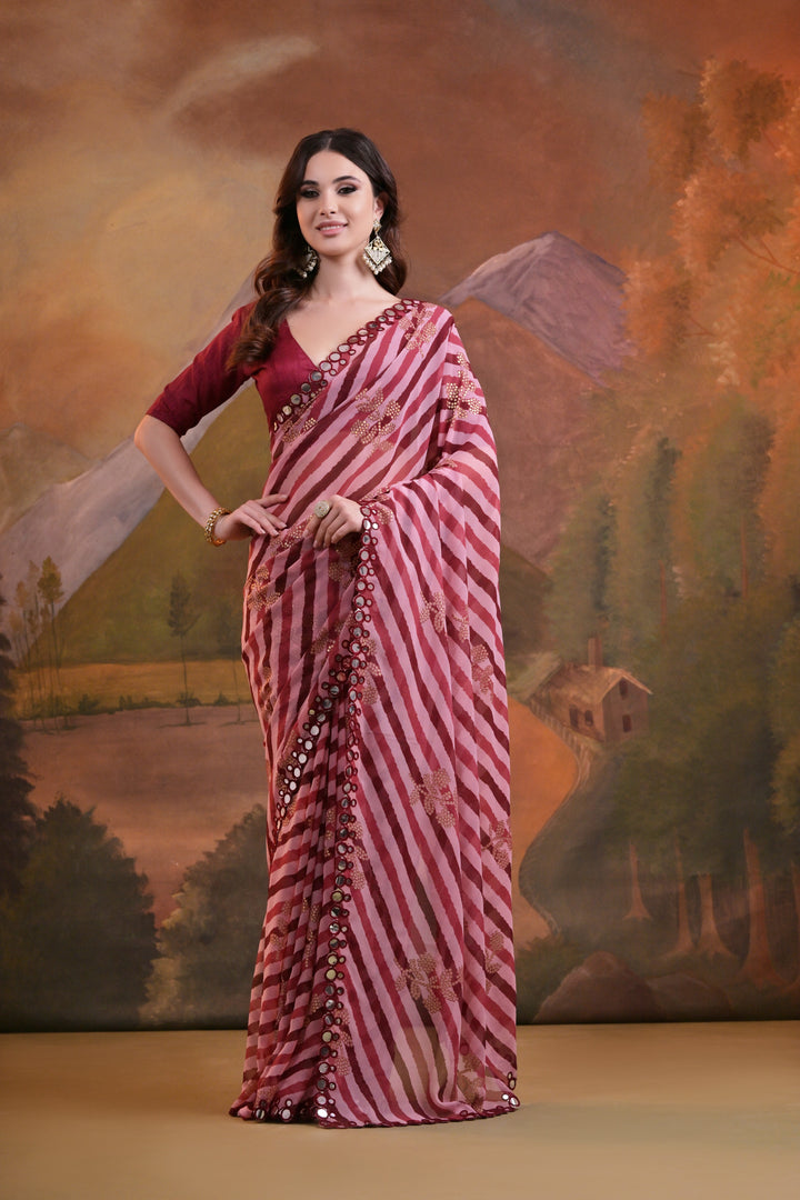 Georgette Laheriya Printed Saree with Mirror & Foil Work | Special Event Use