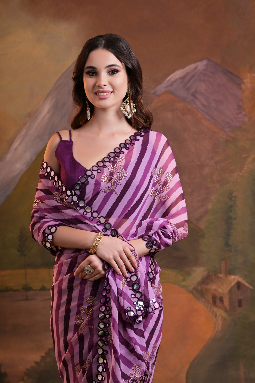 Georgette Laheriya Printed Saree with Mirror & Foil Work | Special Event Use