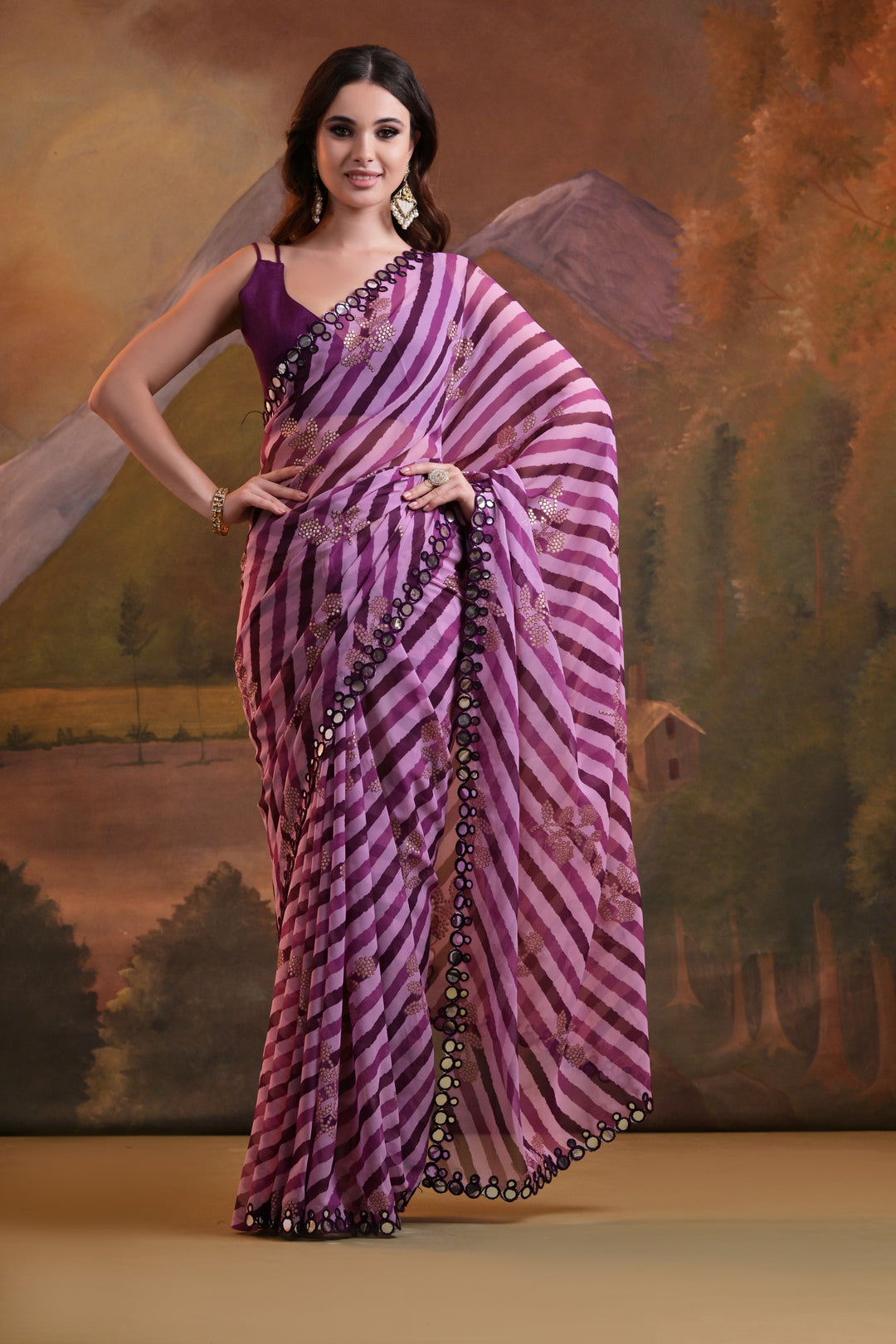 Georgette Laheriya Printed Saree with Mirror & Foil Work | Special Event Use