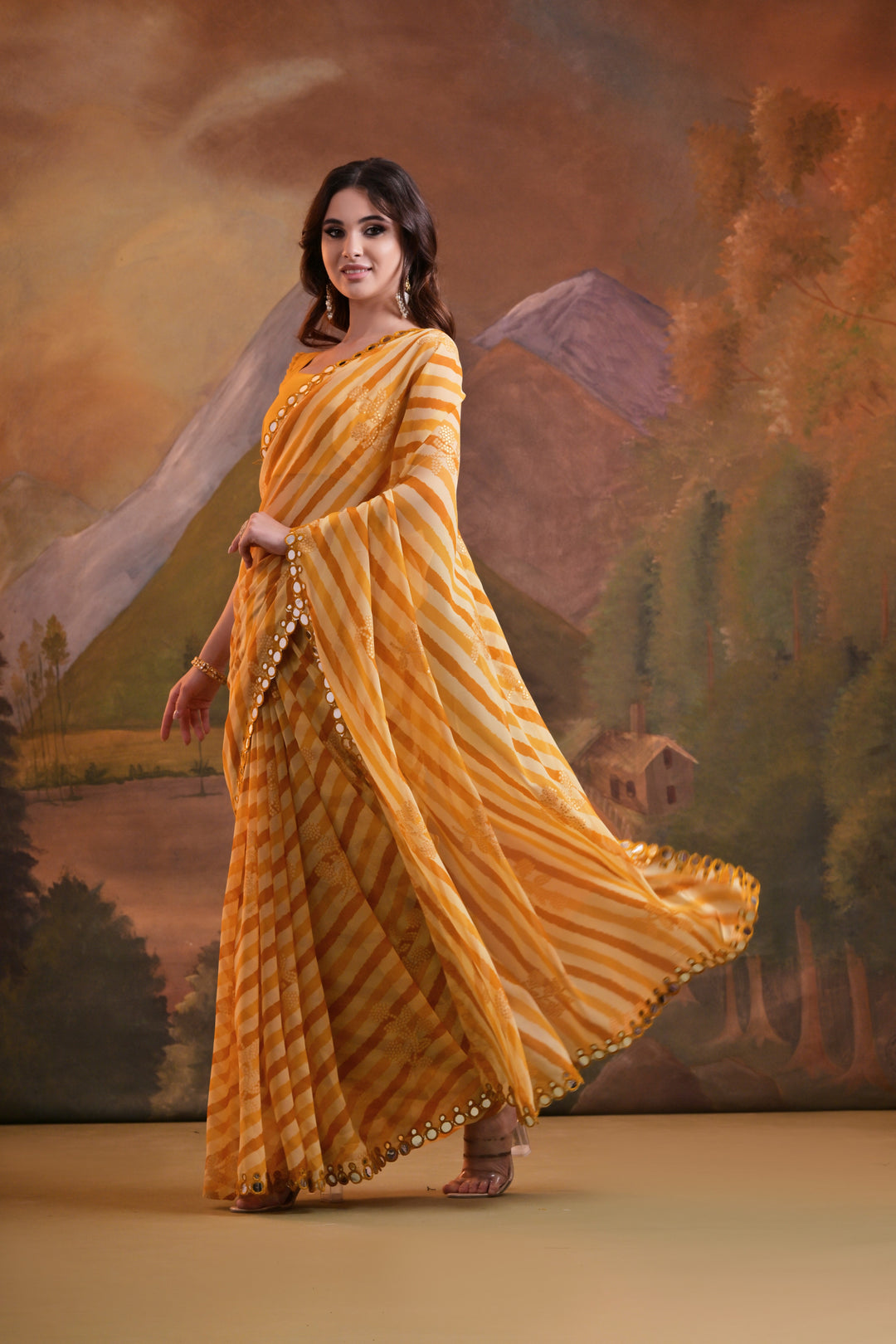 Georgette Laheriya Printed Saree with Mirror & Foil Work | Special Event Use