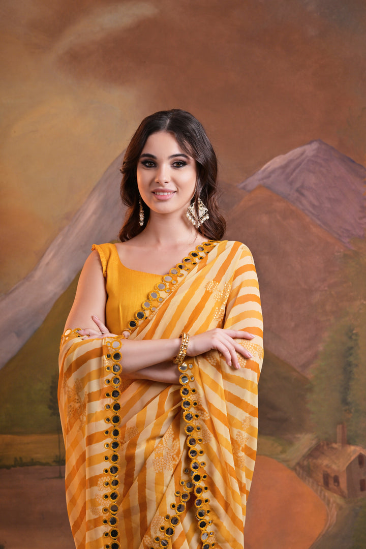 Georgette Laheriya Printed Saree with Mirror & Foil Work | Special Event Use