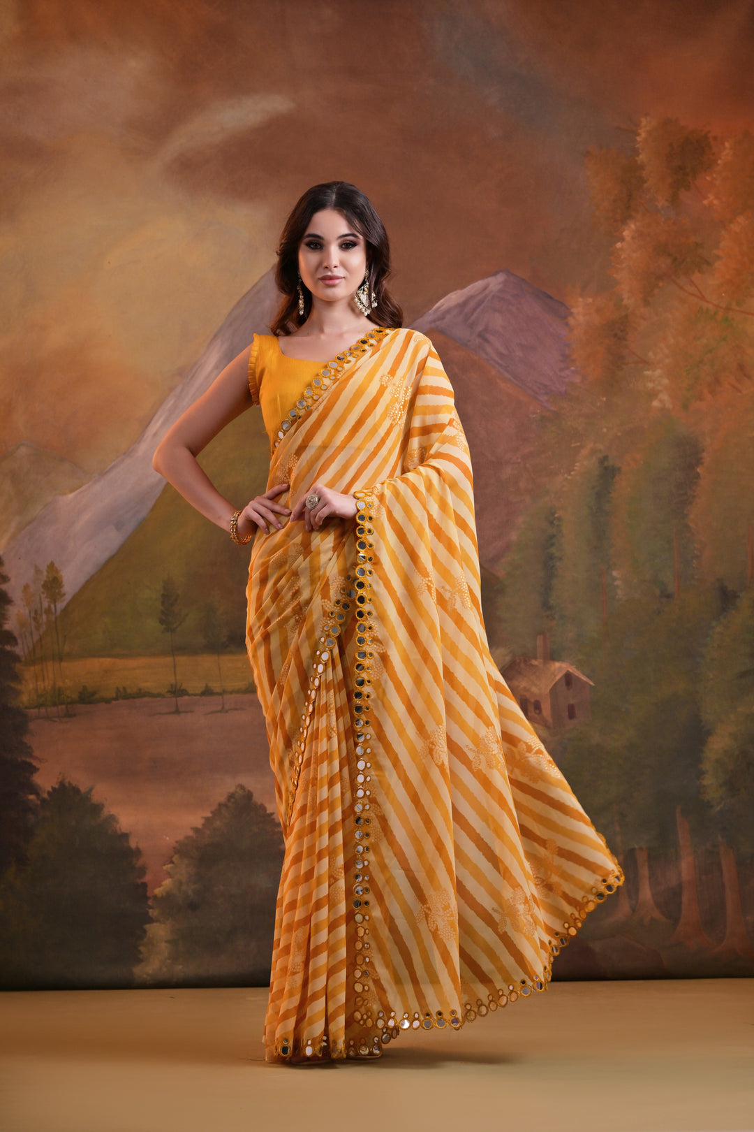 Georgette Laheriya Printed Saree with Mirror & Foil Work | Special Event Use