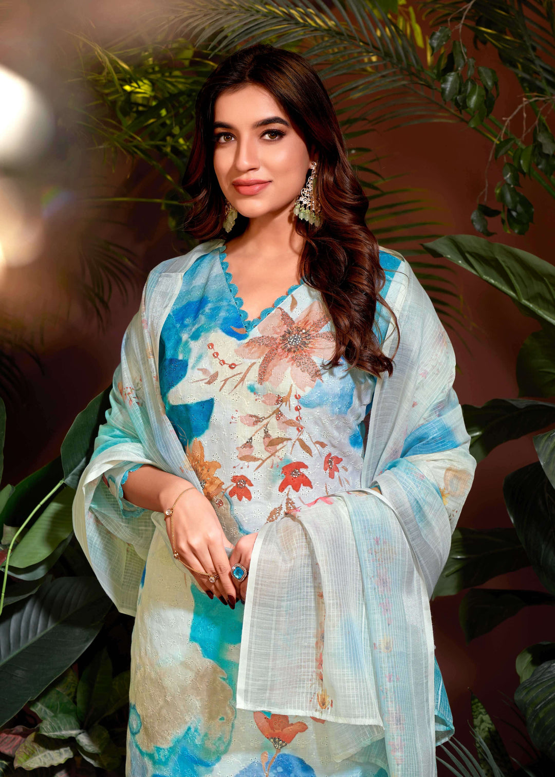 Elegant Linen Cotton Salwar Kameez with Floral Print Design