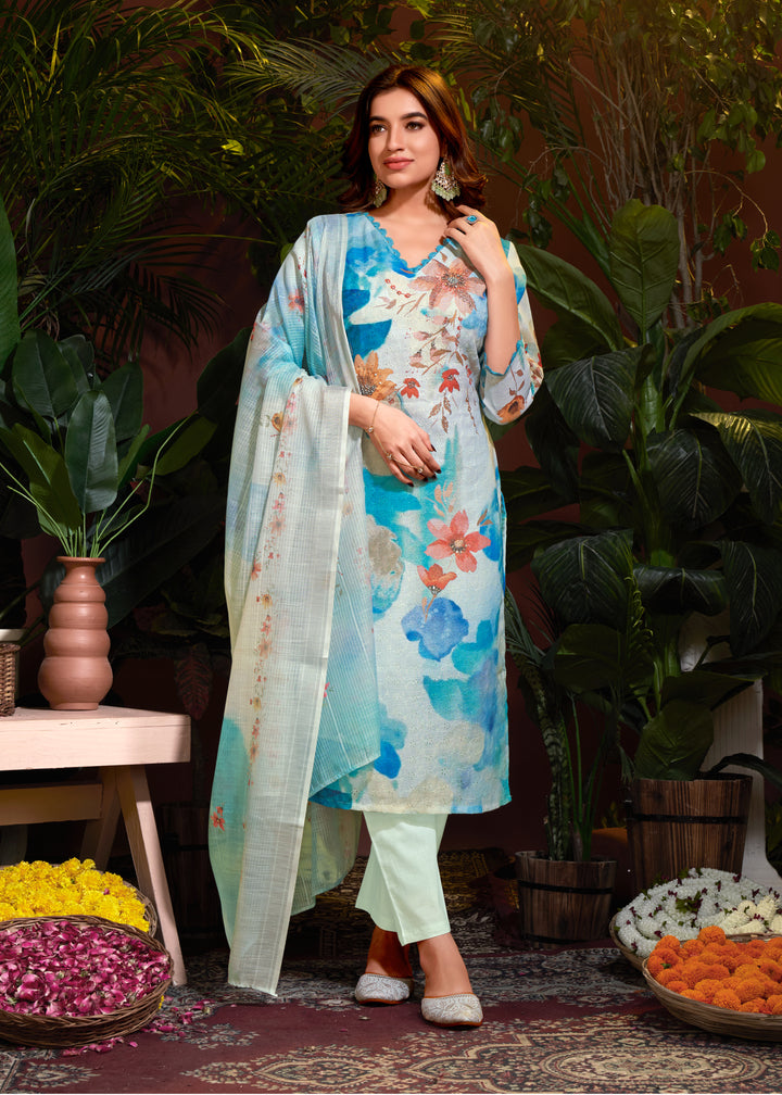 Elegant Linen Cotton Salwar Kameez with Floral Print Design