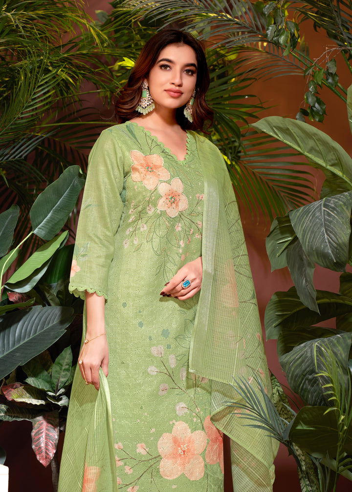 Elegant Linen Cotton Salwar Kameez with Floral Print Design