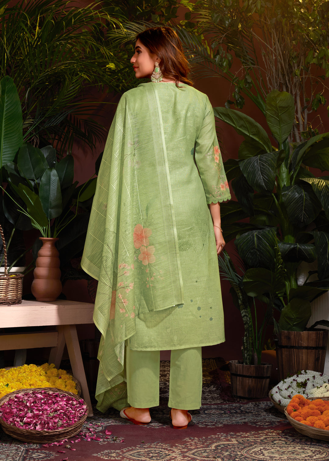 Elegant Linen Cotton Salwar Kameez with Floral Print Design