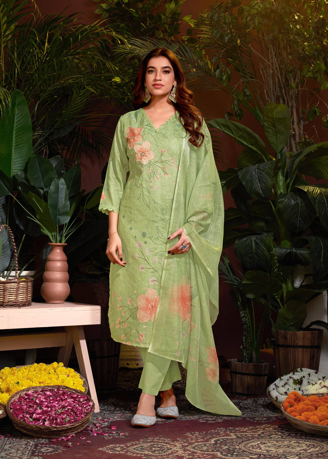 Elegant Linen Cotton Salwar Kameez with Floral Print Design