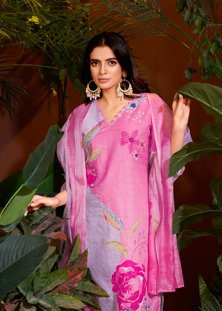 Elegant Linen Cotton Salwar Kameez with Floral Print Design