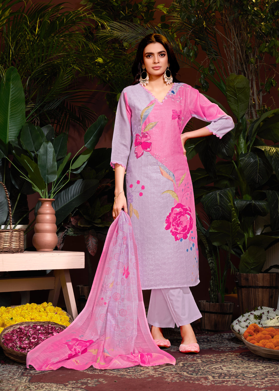 Elegant Linen Cotton Salwar Kameez with Floral Print Design