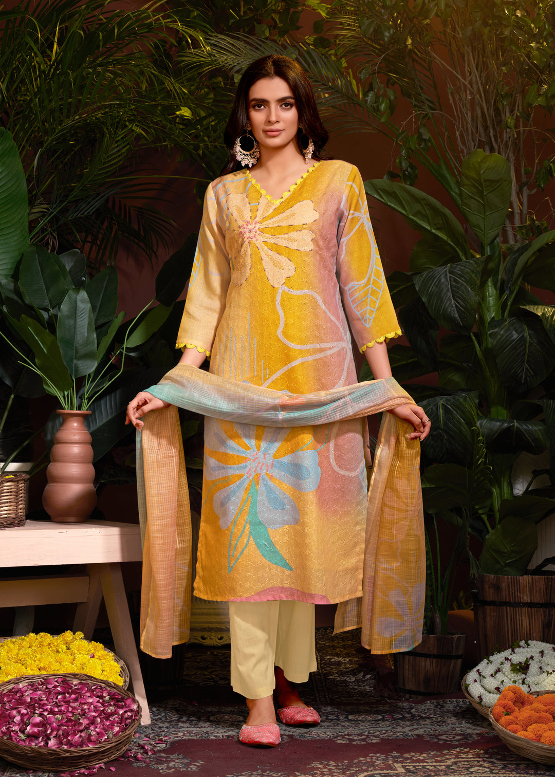 Elegant Linen Cotton Salwar Kameez with Floral Print Design