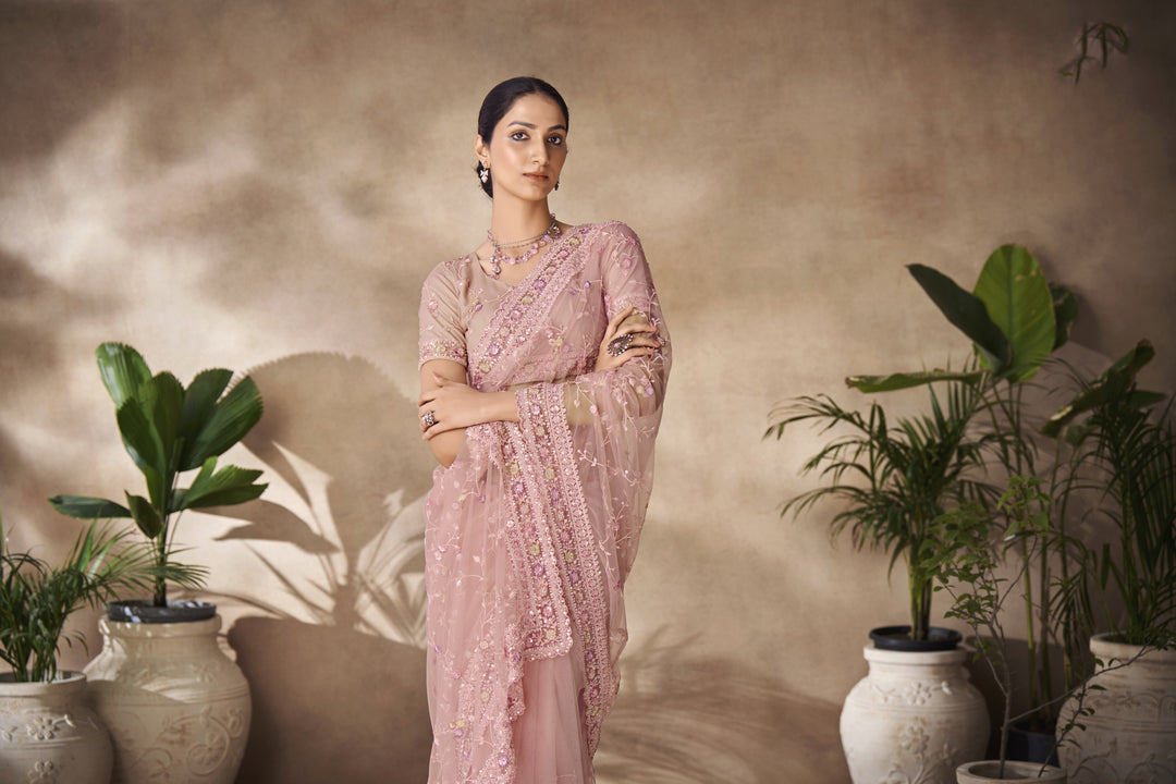 Net Saree with Zarkan and Embroidery | Perfect for Weddings and Festive Events