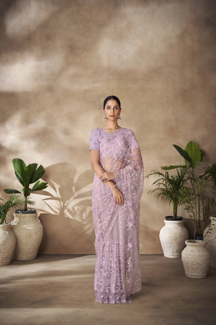 Elegant Net Saree | Thread & Sequence Embroidery for Weddings & Festivals