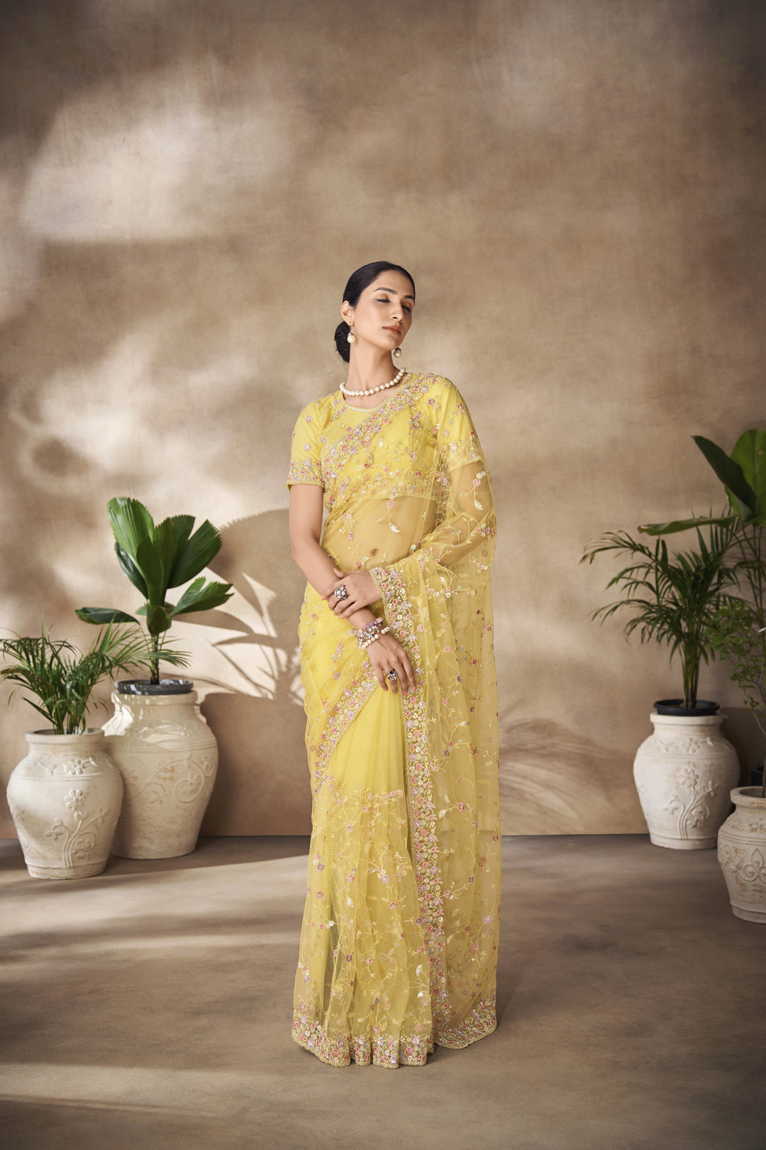 Net Saree with Zarkan and Embroidery | Perfect for Weddings and Festive Events