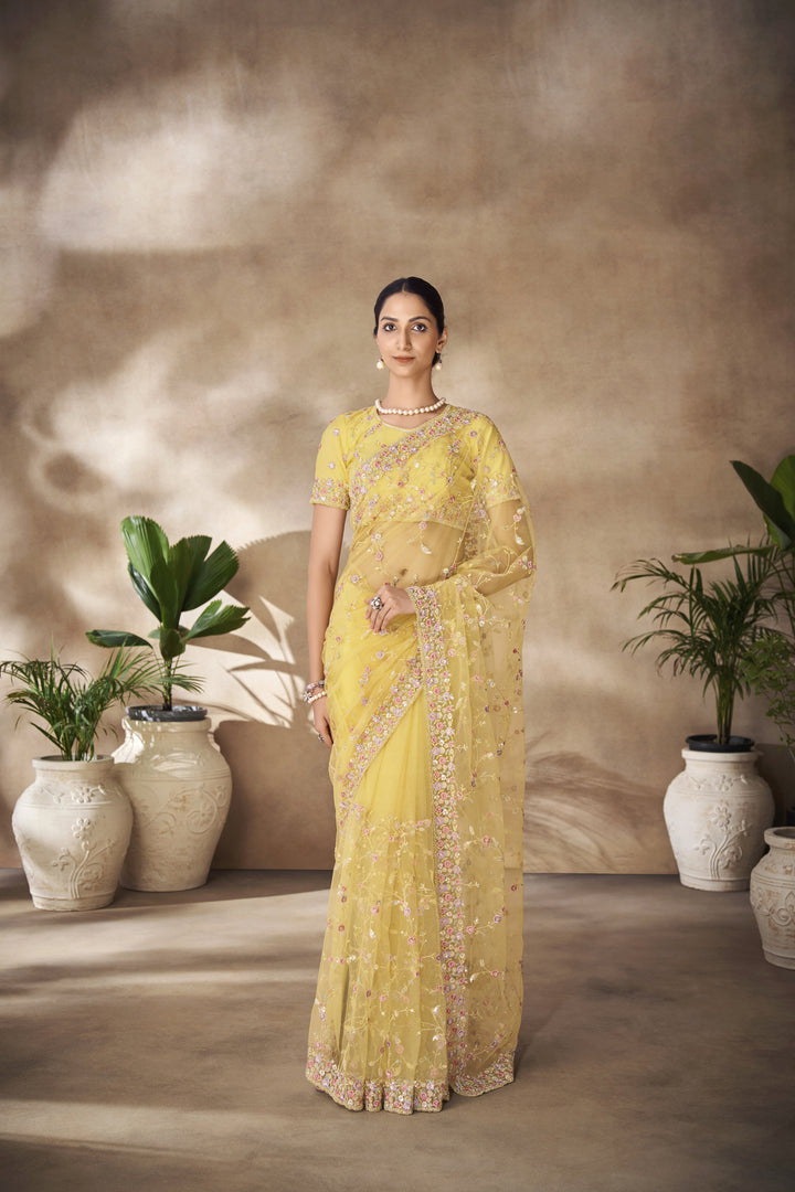 Net Saree with Zarkan and Embroidery | Perfect for Weddings and Festive Events