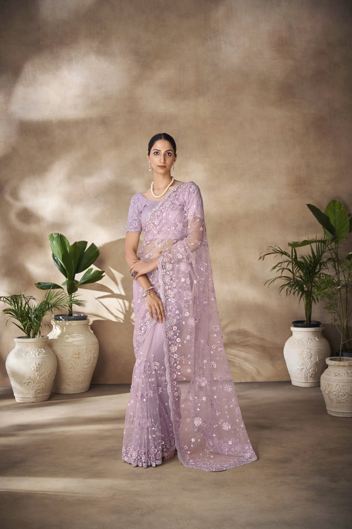 Elegant Net Saree | Thread & Sequence Embroidery for Weddings & Festivals