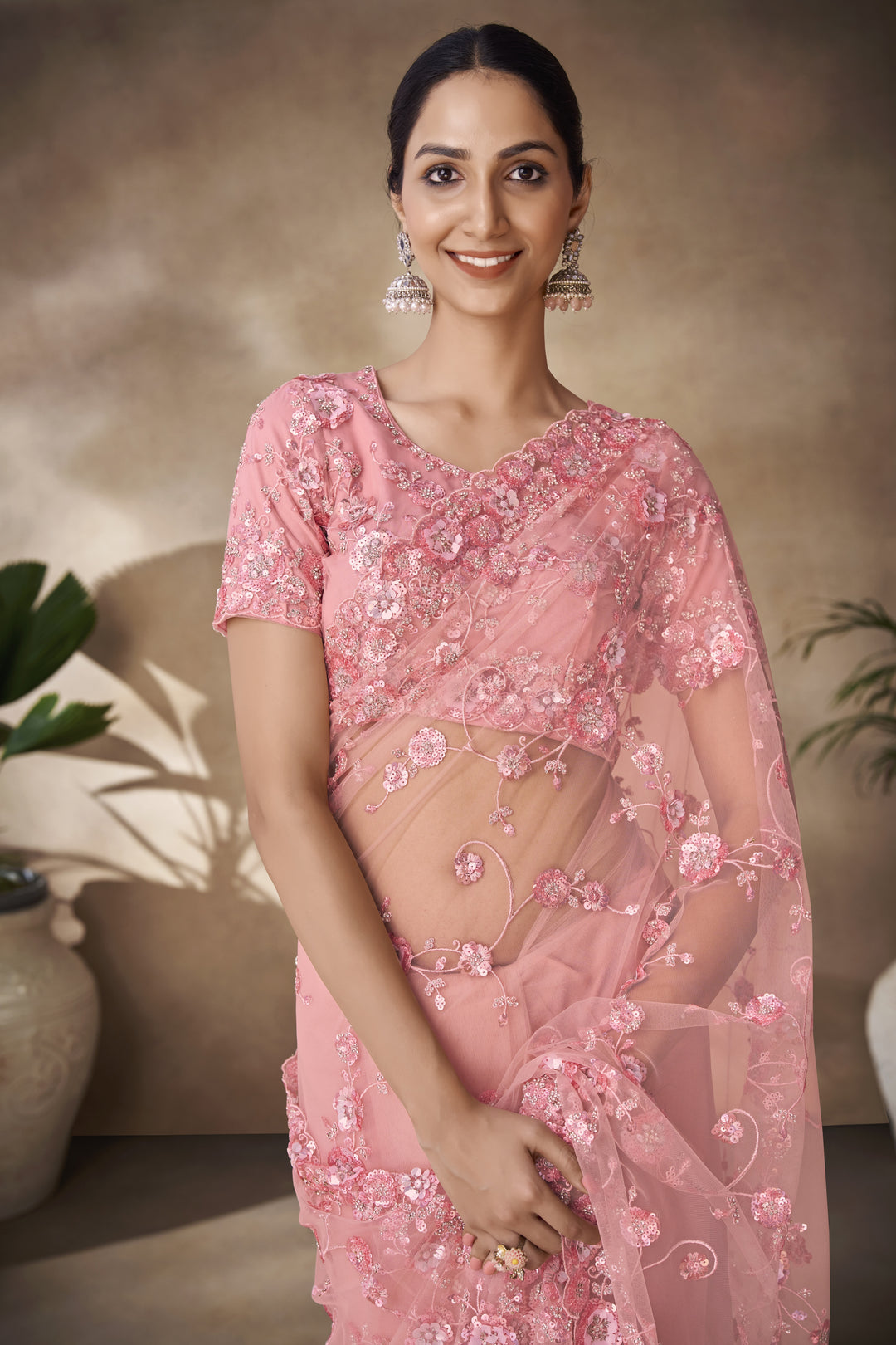 Net Saree with Thread & Sequin Embroidery | Wedding & Festive Wear