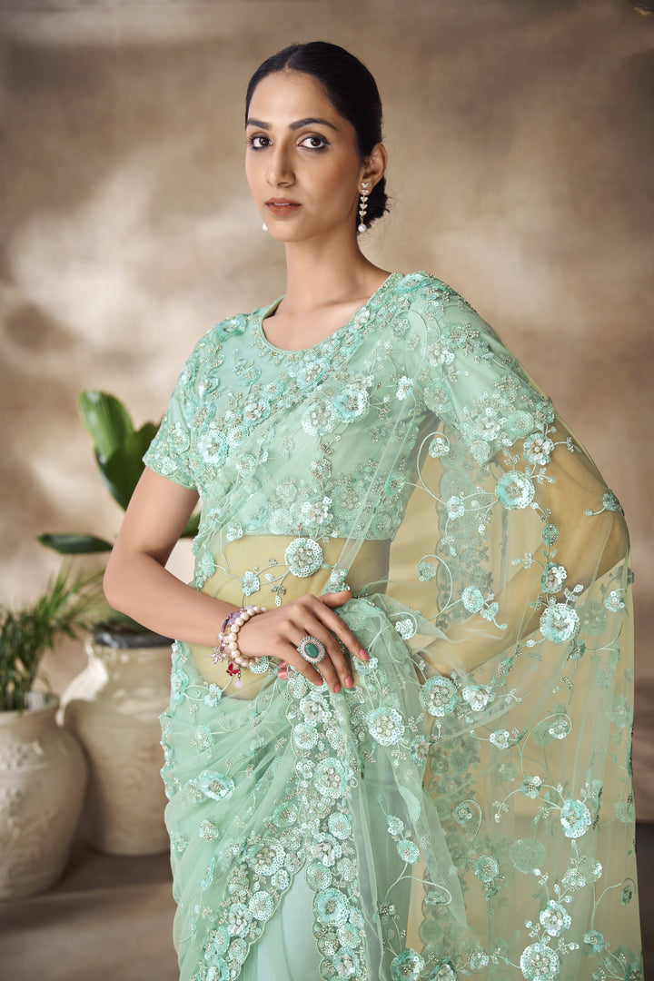 Net Saree with Thread & Sequin Embroidery | Wedding & Festive Wear