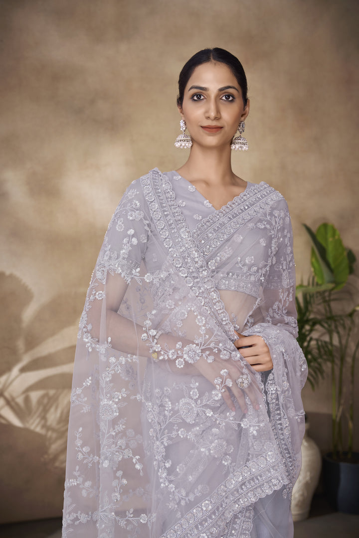 Elegant Net Saree with Thread & Sequence Embroidery | Perfect for Weddings