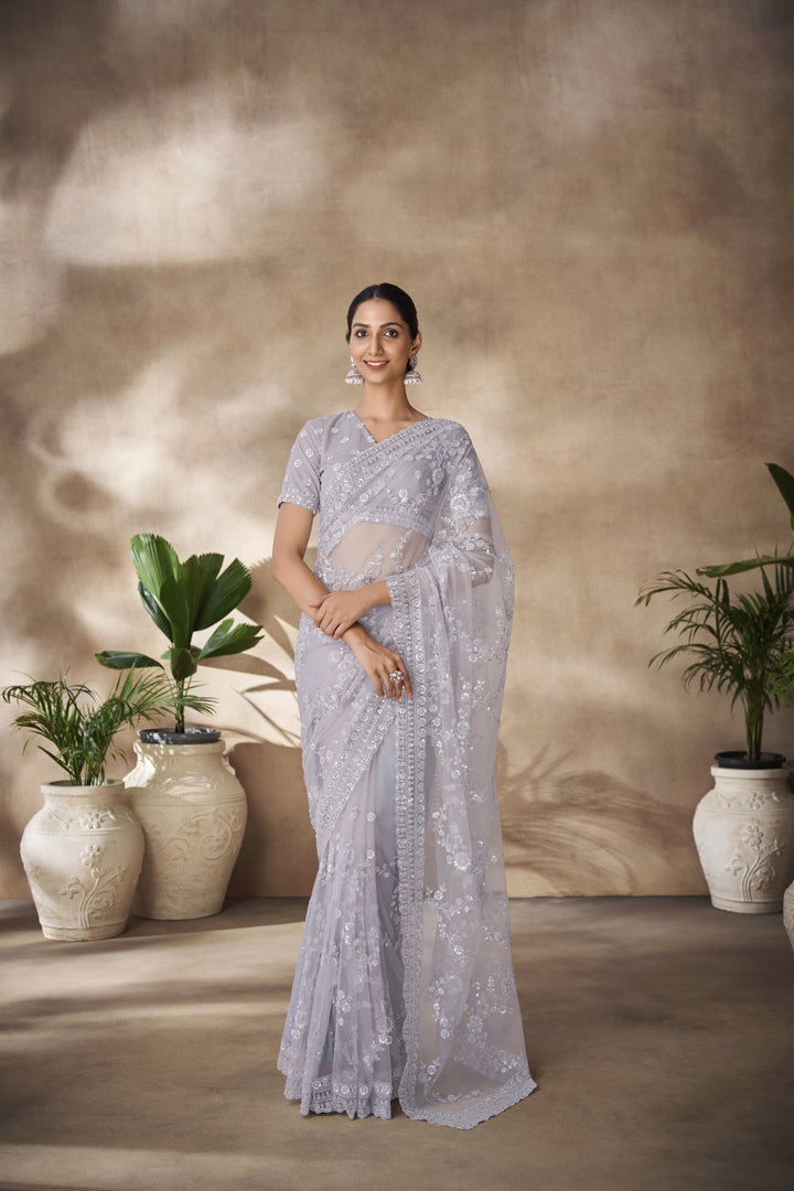 Elegant Net Saree with Thread & Sequence Embroidery | Perfect for Weddings