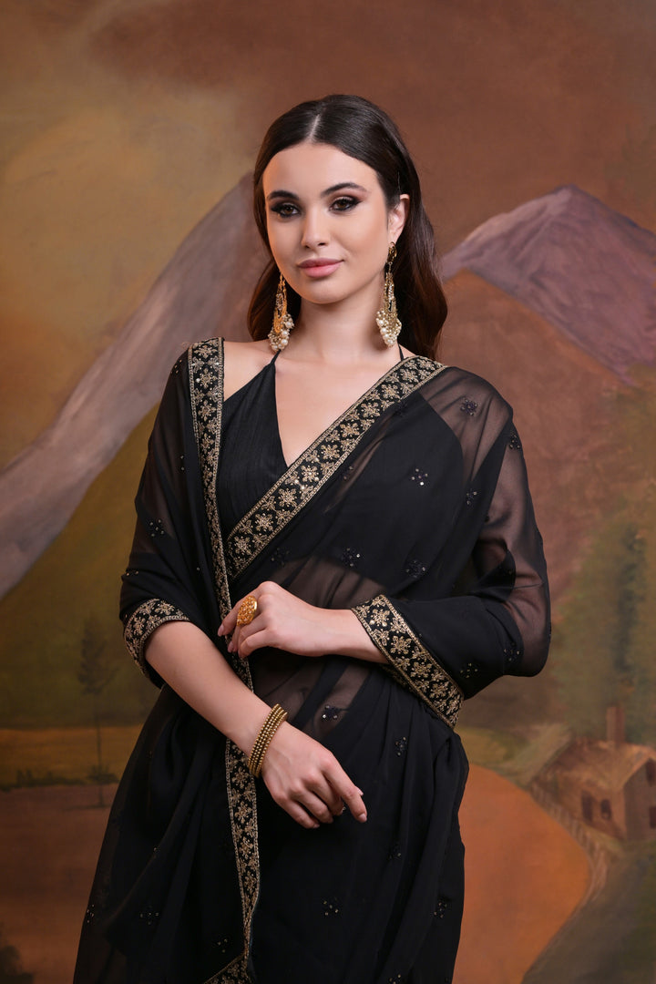 Elegant Georgette Saree with Sequined Butti & Embroidery | Wedding Festive Wear