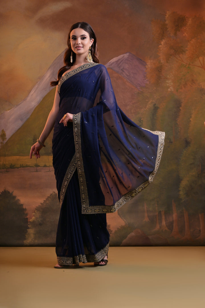 Navy Georgette Saree | Stunning Sequins & Embroidery for Weddings